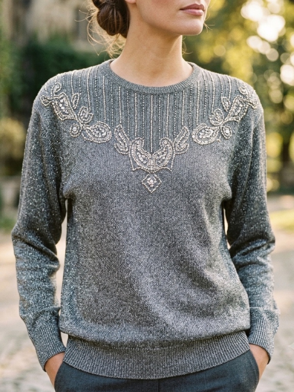 Vintage 80s Silk Angora Blend Gray Sequin Beaded Womens Holiday Sweater Medium